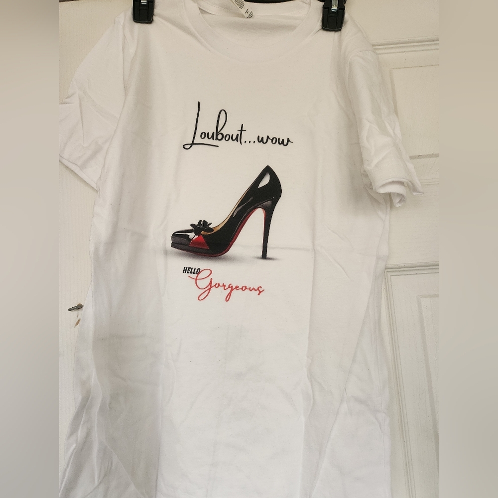 White Graphic Tee with High Heel Design Size S NWOT